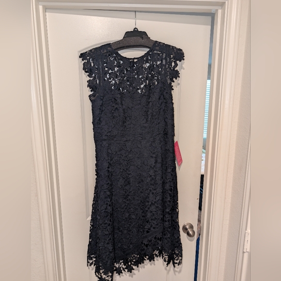 Eliza J Navy Blue Lace Overlay Asymmetrical Midi Dress NWT Sz 16Cocktail Elegant - Picture 1 of 7